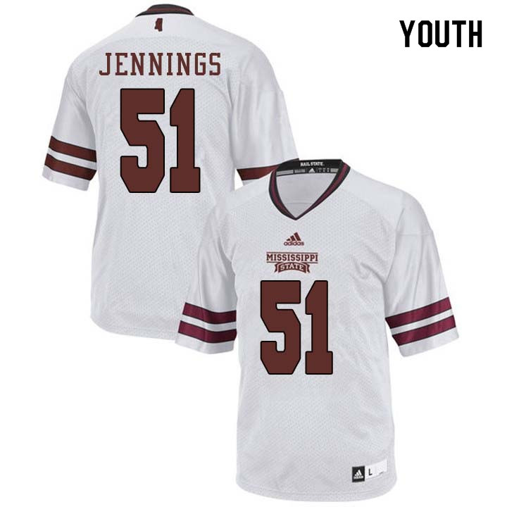 Youth #51 R.J. Jennings Mississippi State Bulldogs College Football Jerseys Sale-White